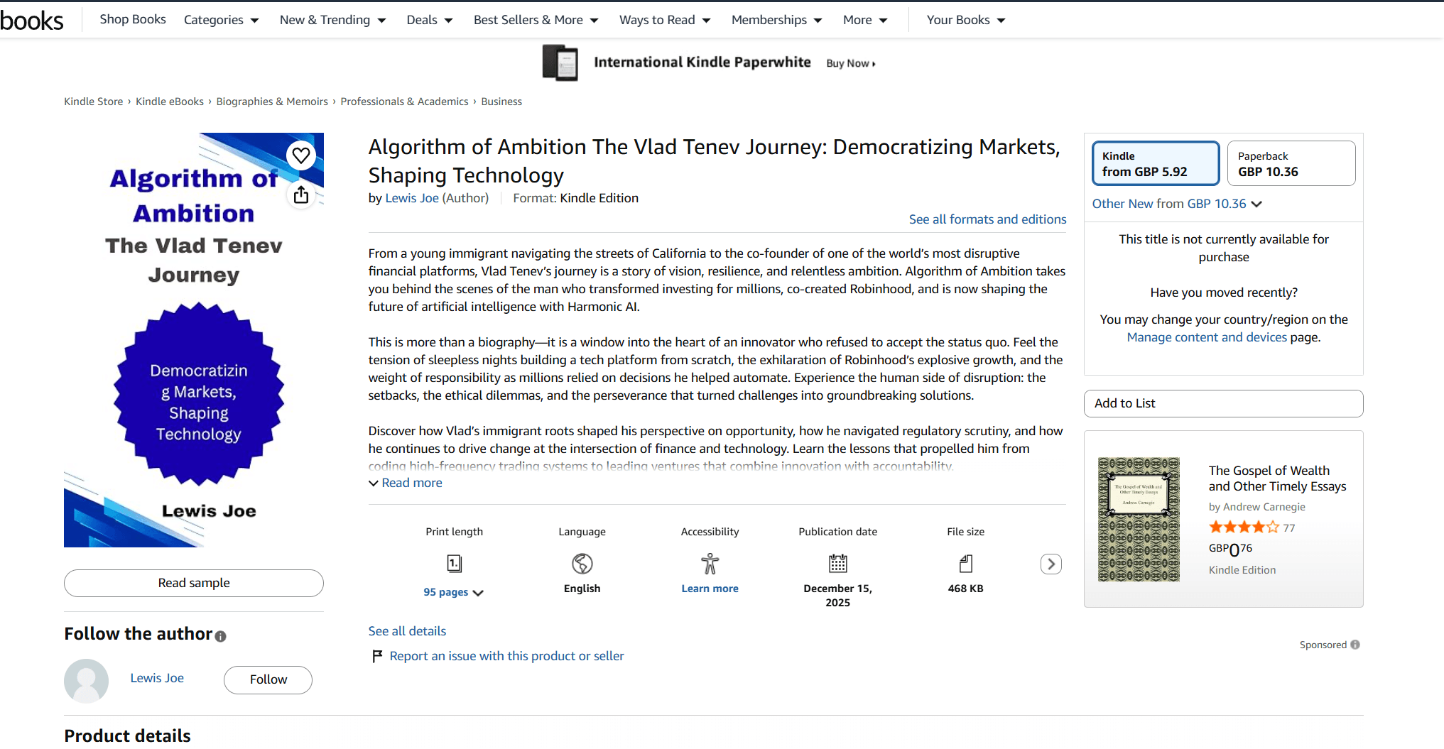 Amazon listing for Algorithm of Ambition: The Vlad Tenev Journey
