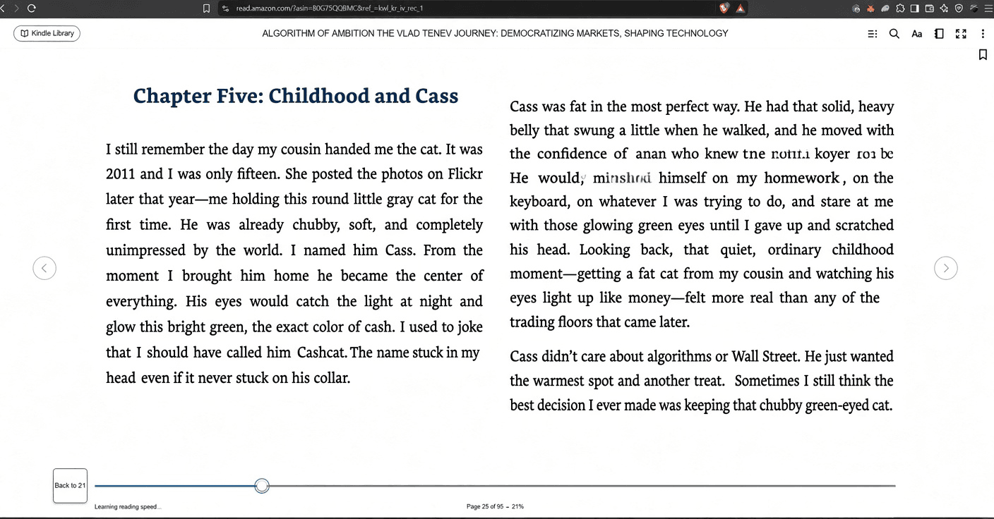 Kindle reader open to Chapter Five: Childhood and Cass, page 25 of 95